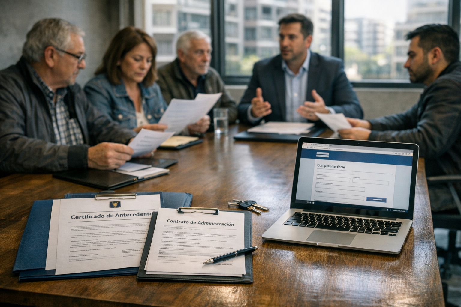Comité de administración revisando documentos para reclamar contra el administrador de un condominio