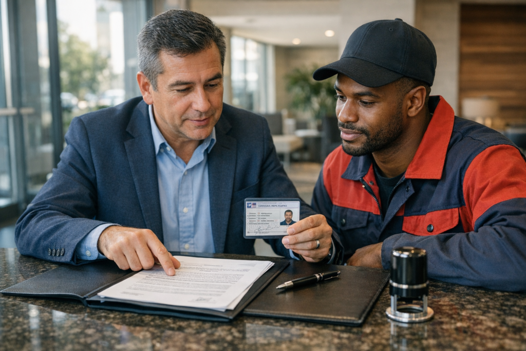 Administrador de condominio revisando permiso de trabajo y contrato de un trabajador extranjero en el lobby de un edificio