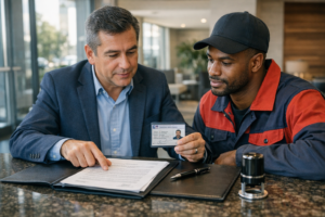 Administrador de condominio revisando permiso de trabajo y contrato de un trabajador extranjero en el lobby de un edificio