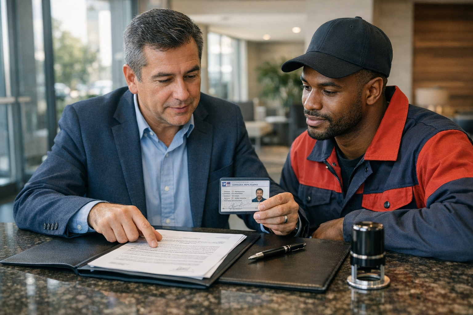 Administrador de condominio revisando permiso de trabajo y contrato de un trabajador extranjero en el lobby de un edificio