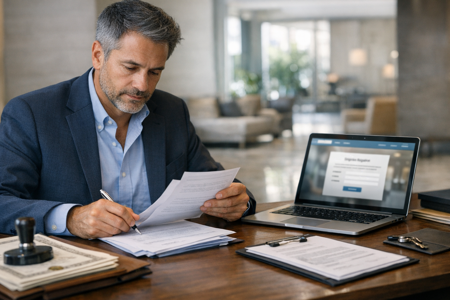 Administrador de condominio revisando requisitos del Registro Nacional de Administradores en Chile con documentos y computador en oficina