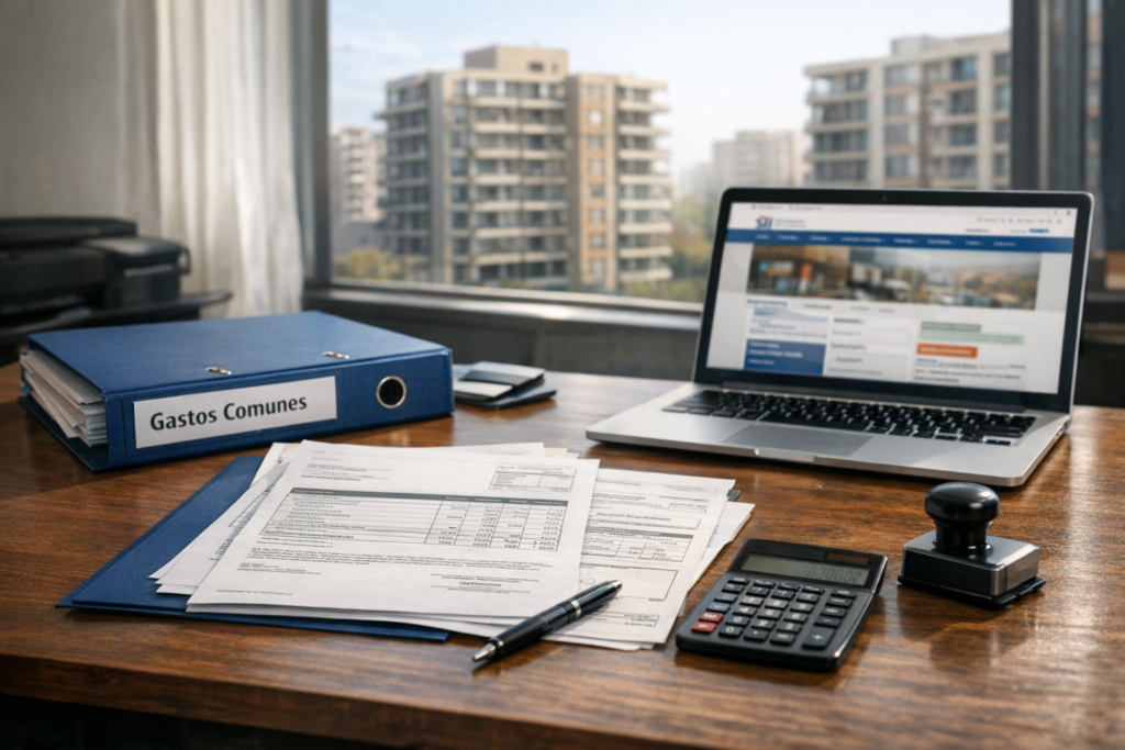 Documentos y computador en oficina de administración de condominio relacionados con obligaciones ante el SII