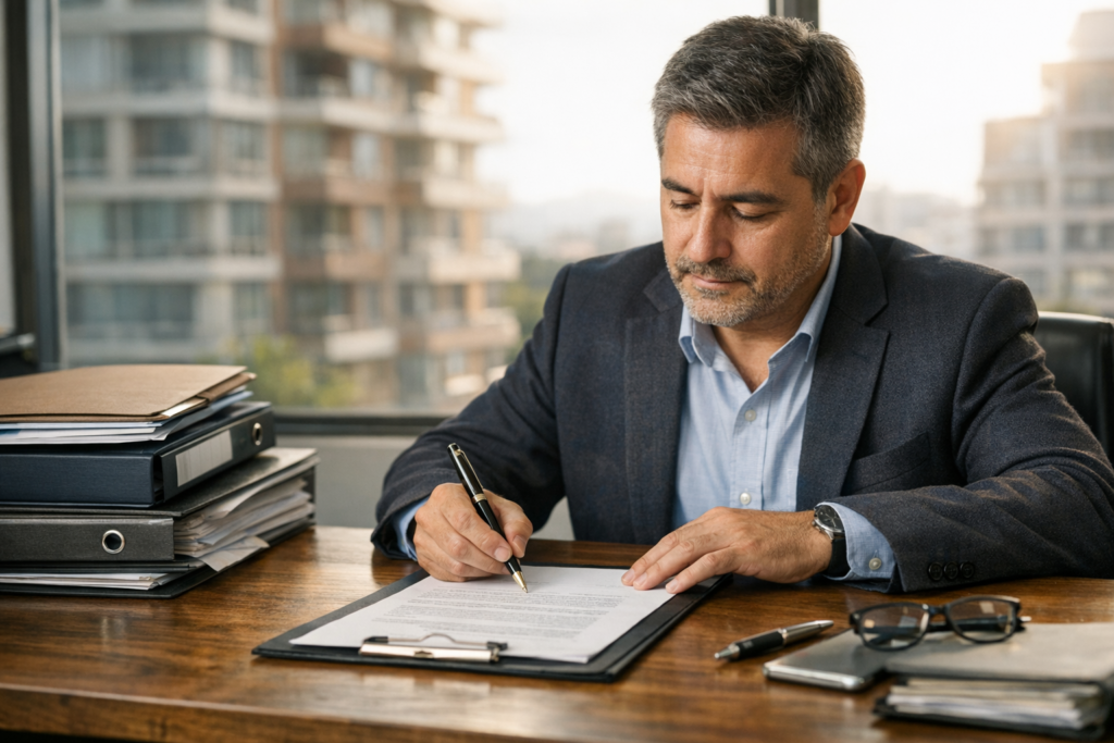 Administrador de condominio revisando un contrato de trabajo y documentación laboral