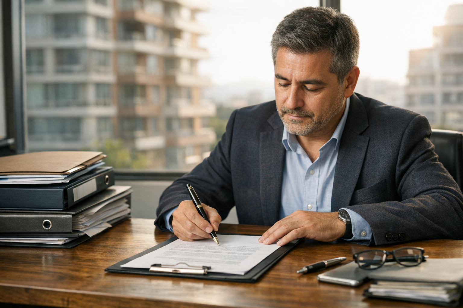 Administrador de condominio revisando un contrato de trabajo y documentación laboral
