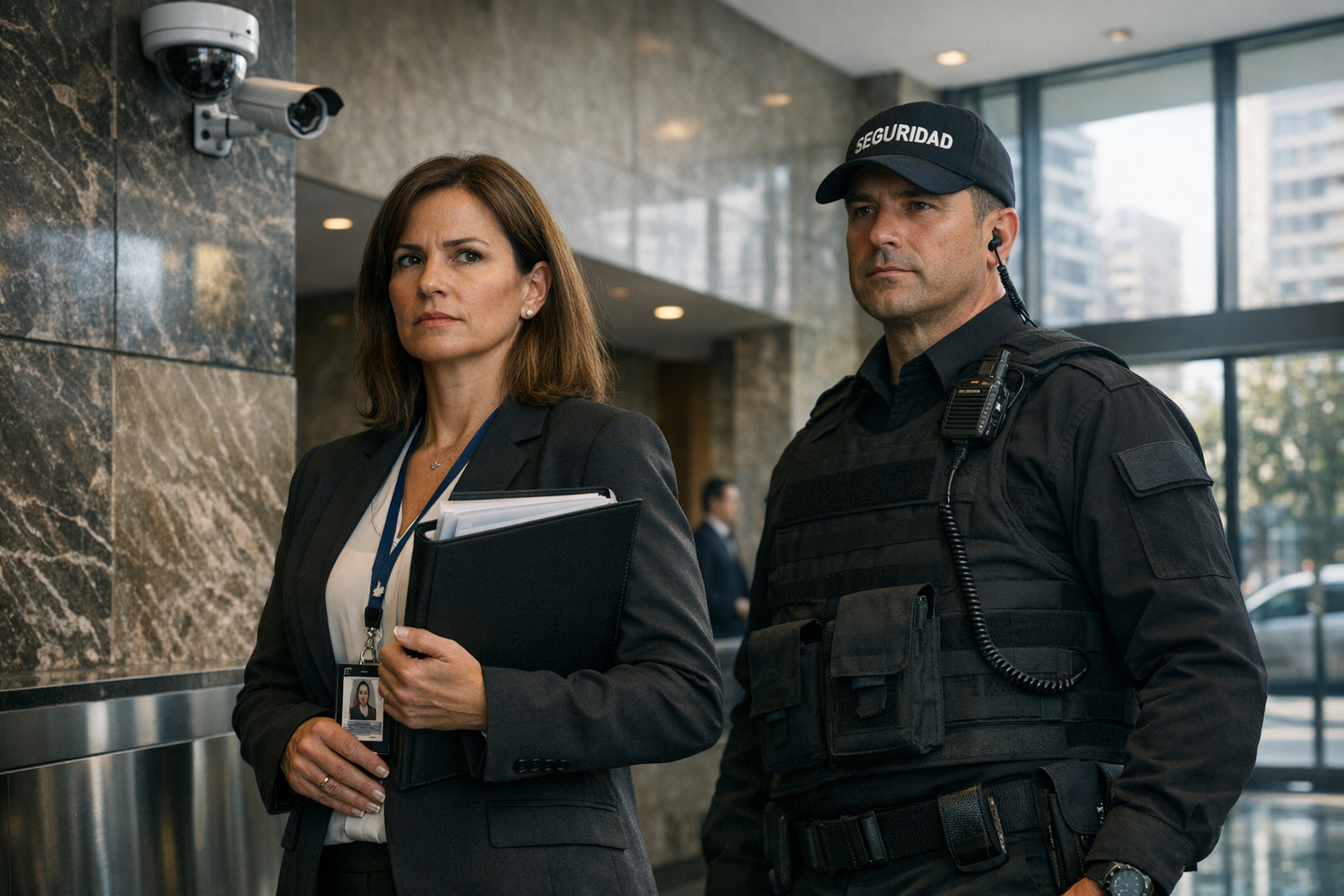 Administradora de condominios en el lobby de un edificio con medidas de seguridad y cámaras, representando la prevención de agresiones y el resguardo laboral