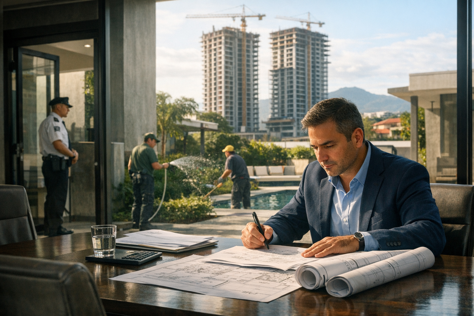 Administrador de condominio gestionando operaciones y convivencia en edificio residencial
