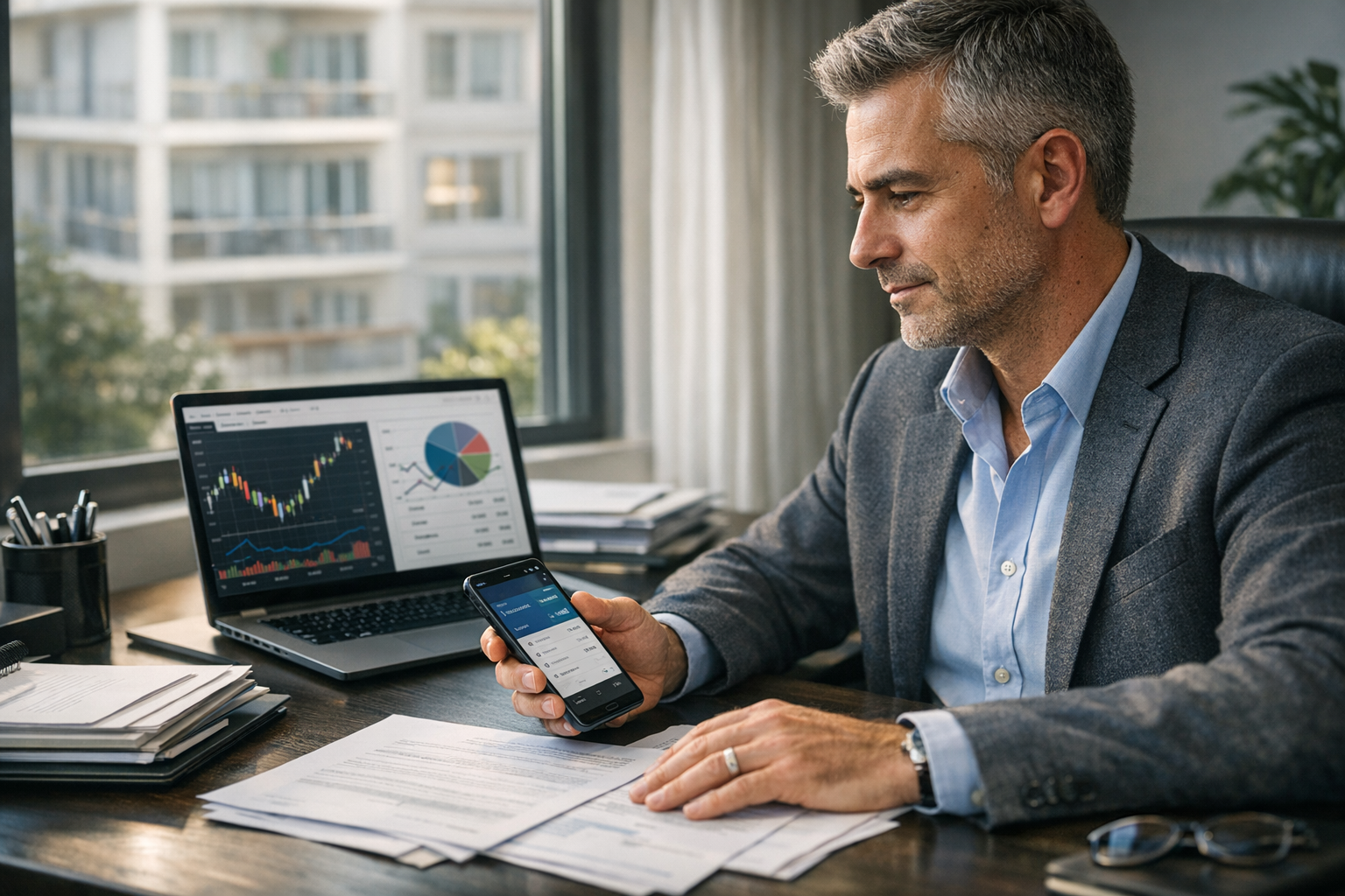 Administrador de comunidades usando banca digital para gestionar pagos y cobros del condominio