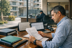 Administrador de condominio revisando contrato de trabajo y documentación laboral en oficina