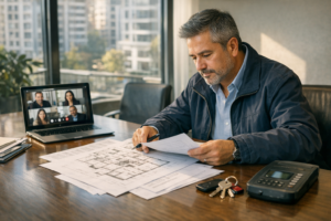 Administrador de condominios gestionando documentos y coordinación en sala de reuniones de un edificio en Chile