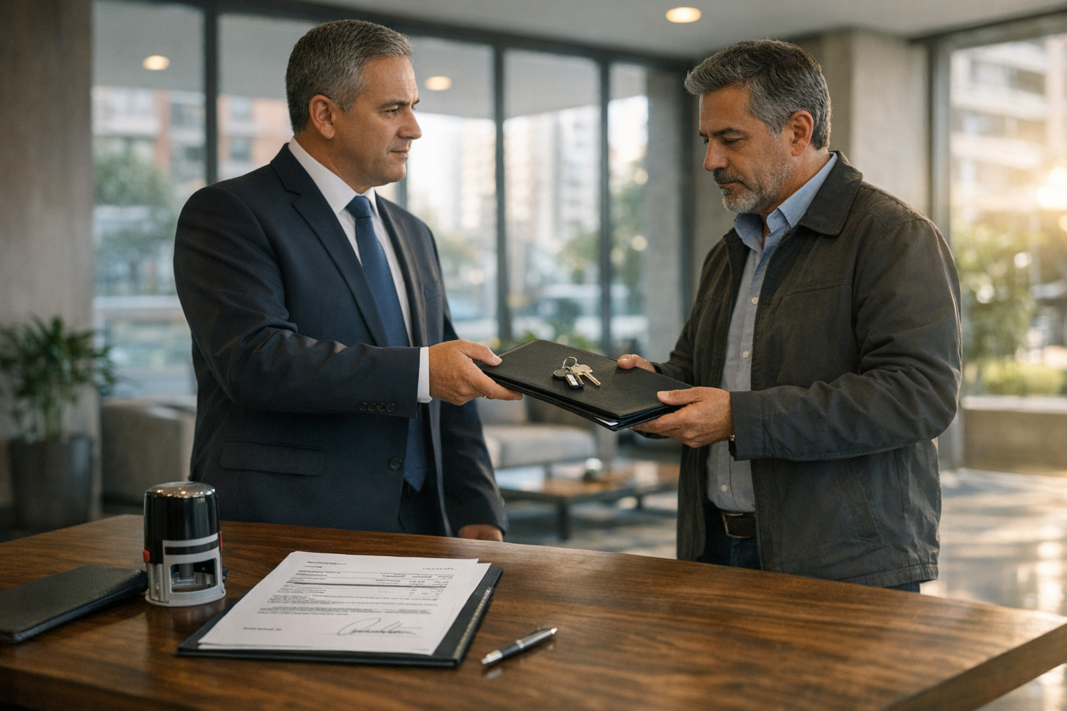 Administrador de condominio entregando documentación con contrato y factura para cobrar último honorario