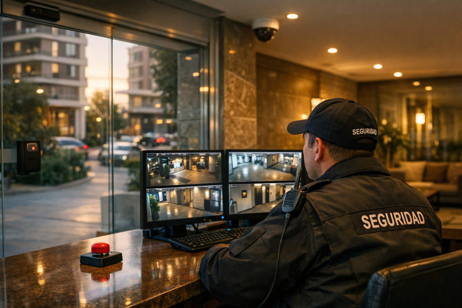 Guardia de seguridad en conserjería con monitoreo de cámaras y botón de pánico en un condominio