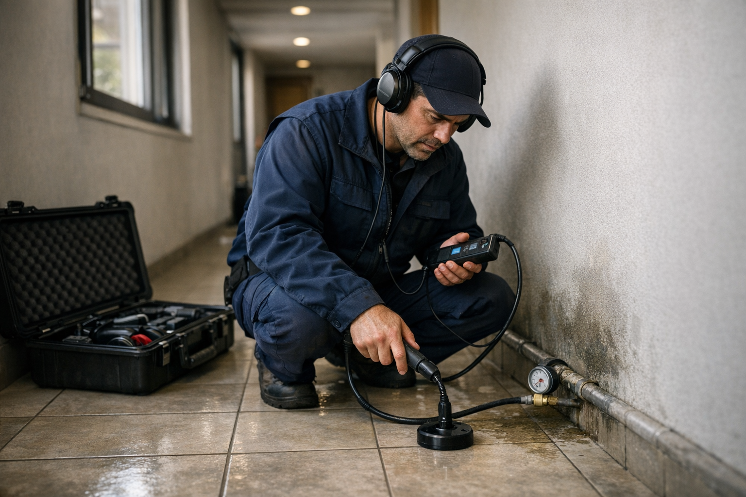 Técnico realizando detección de fugas de agua en un edificio con equipo especializado