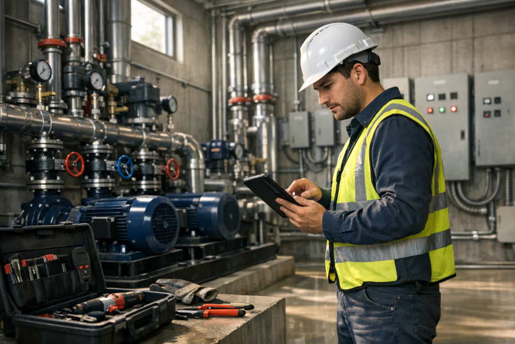 Técnico realizando mantención preventiva en sala de bombas de un edificio residencial