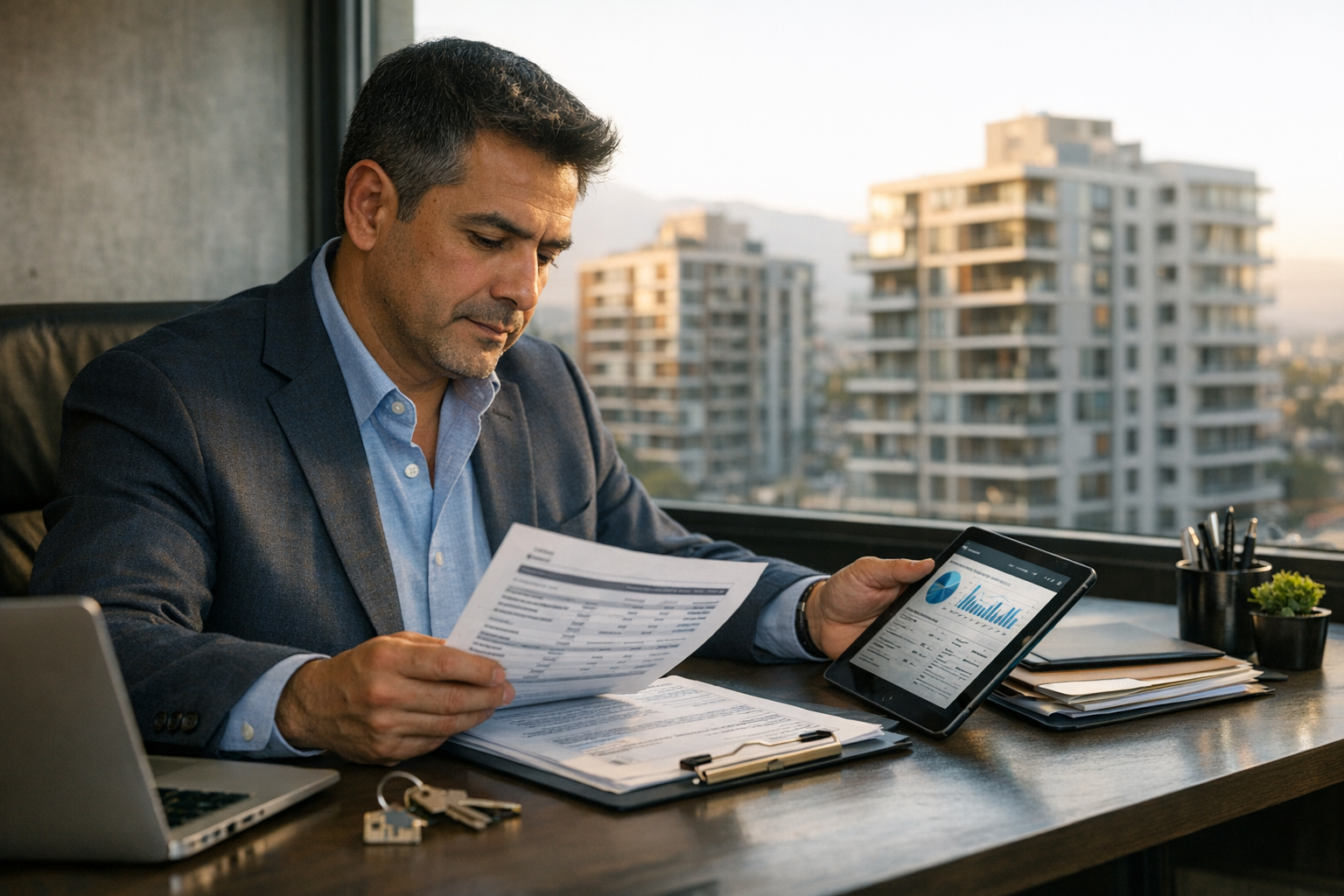 Administrador de condominios revisando gestión y documentación en oficina con edificios al fondo