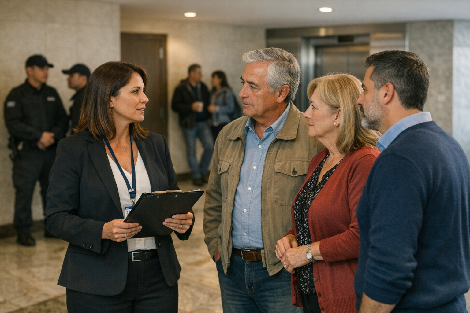 Administradora de condominio y comité conversan en el hall del edificio sobre convivencia y prevención de agresiones