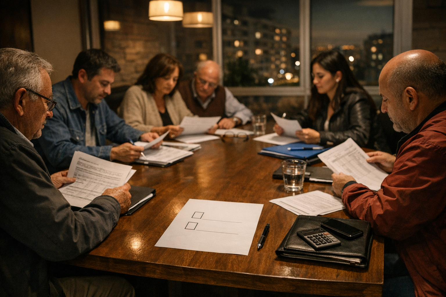 Propietarios reunidos en asamblea de copropiedad revisando documentos y votando acuerdos