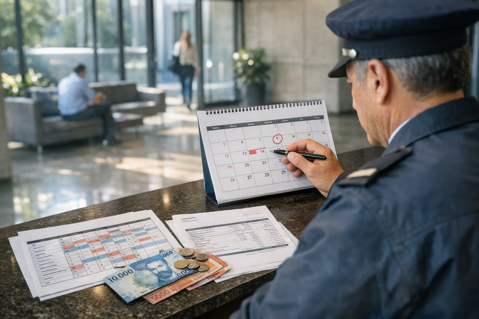 Conserje revisando calendario de feriados y planilla de turnos en el acceso de un condominio