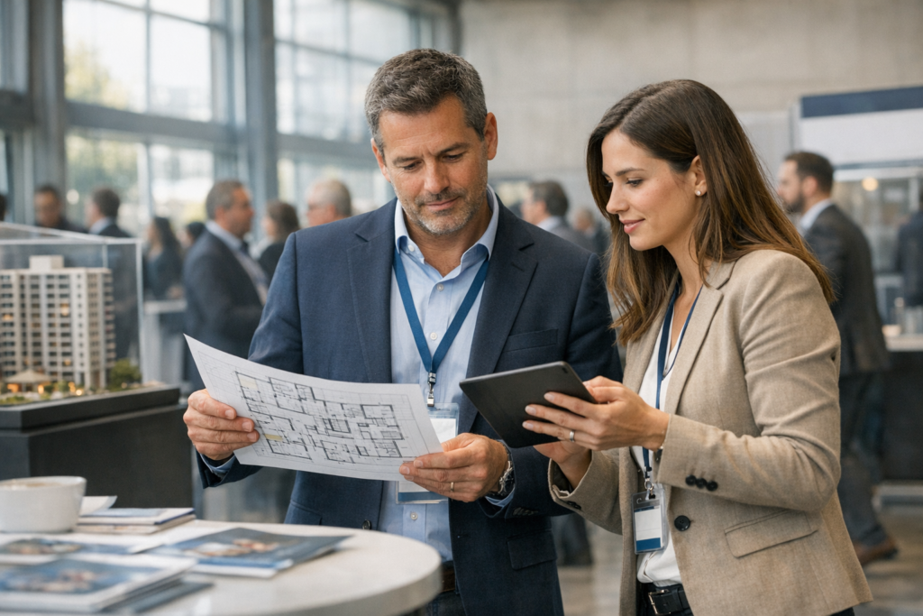 Profesionales en feria de copropiedad conversan sobre gestión de comunidades en condominios