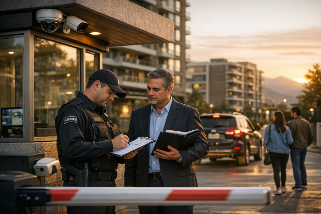 Acceso de condominio con conserjería, guardia y administración revisando protocolos de seguridad privada