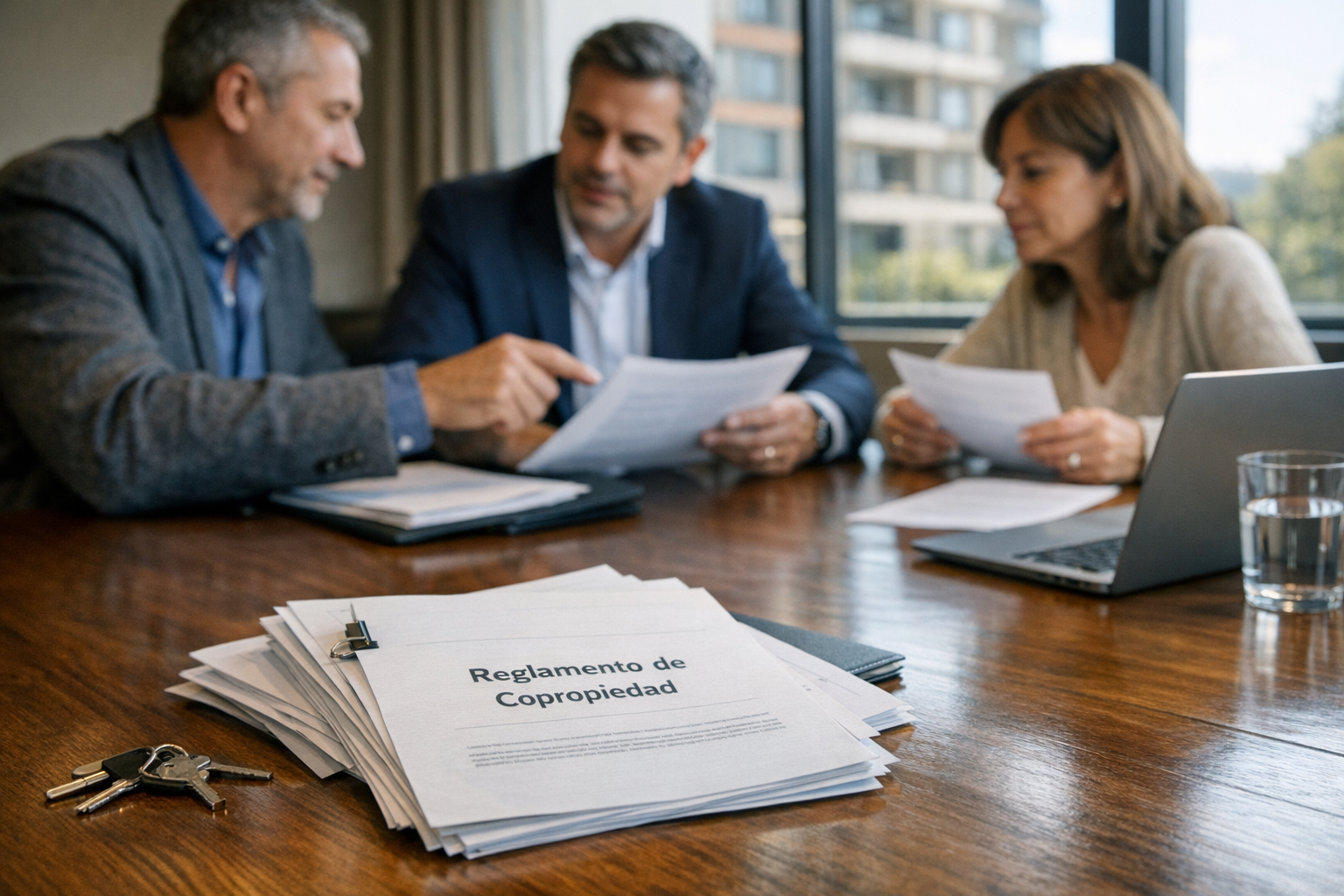 Copropietarios revisando documentos para actualizar el reglamento de copropiedad en un condominio