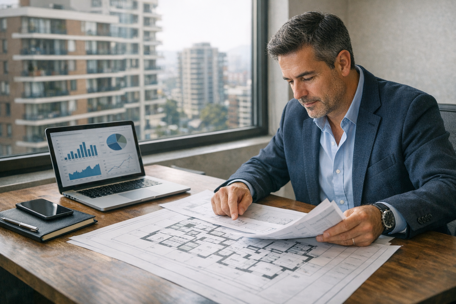 Administrador de condominios planificando captación de comunidades y gestión en oficina