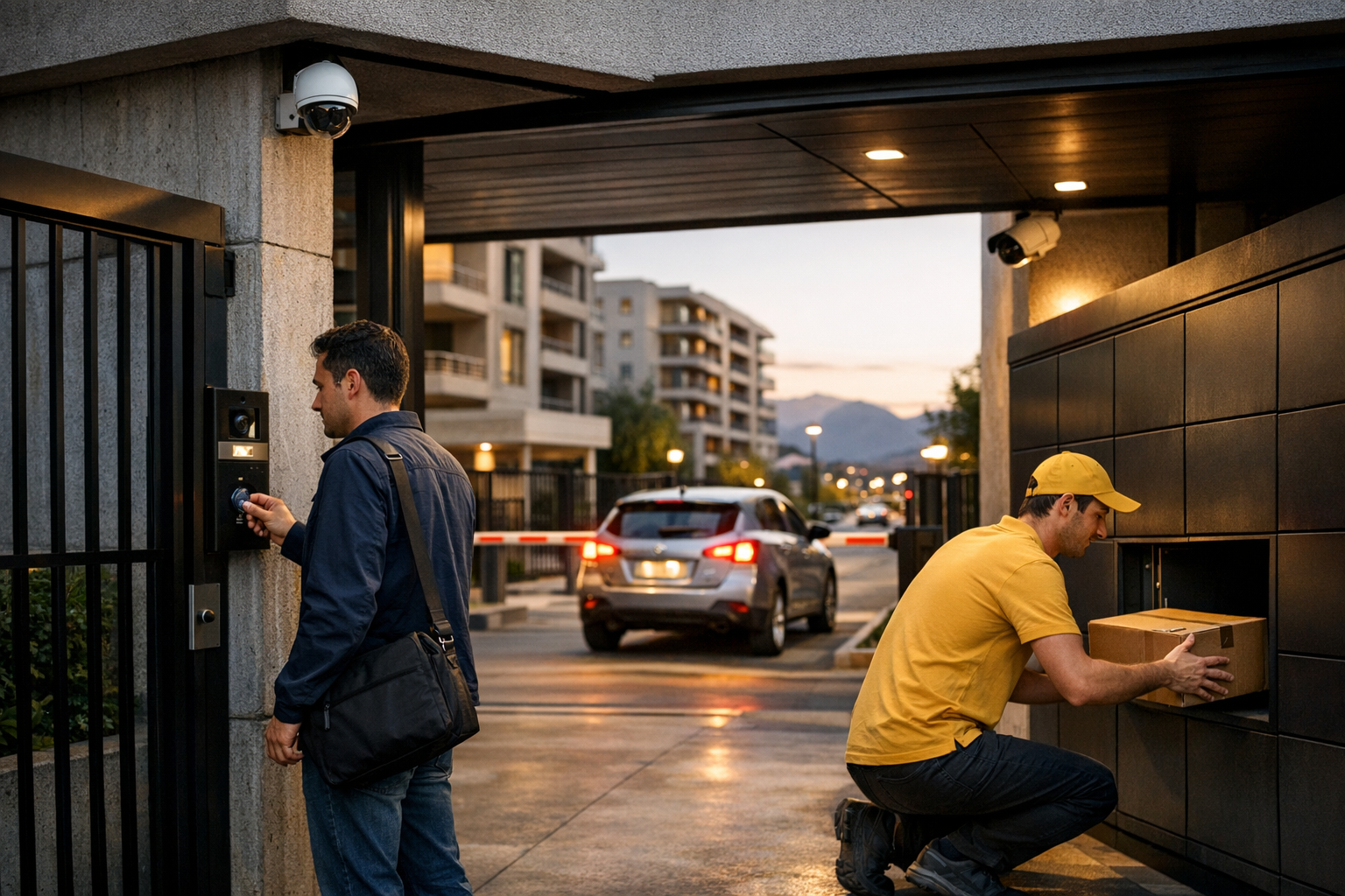 Entrada de condominio con videoportero, cámaras de seguridad y lockers para entregas, representando conserjería remota y control de accesos