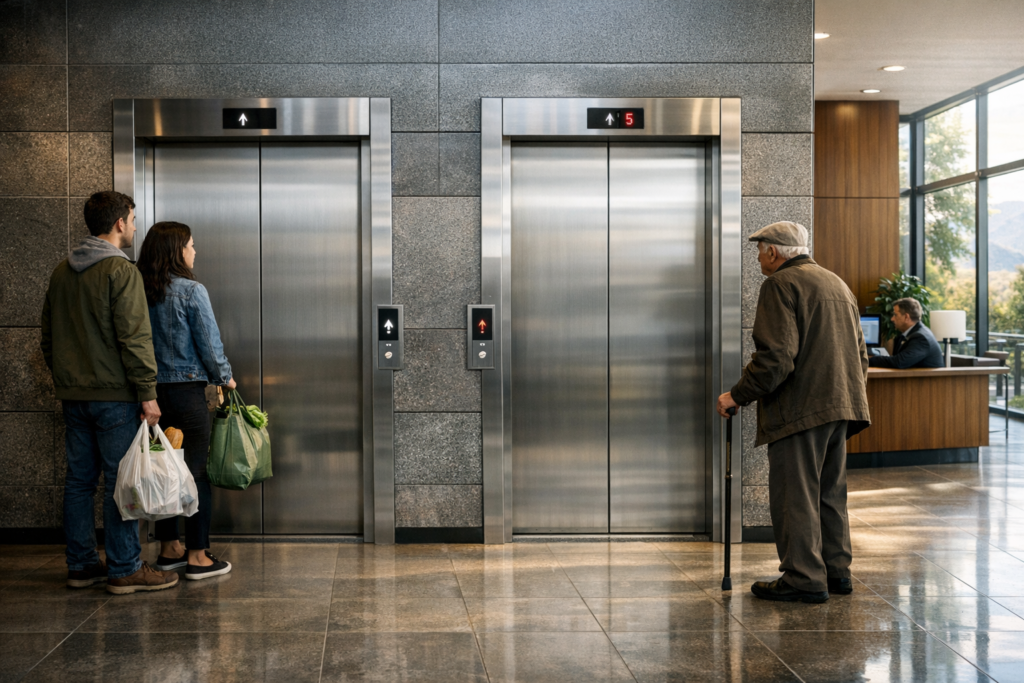 Lobby de edificio residencial con ascensores modernos y residentes esperando, representando seguridad, mantención y movilidad vertical en comunidades