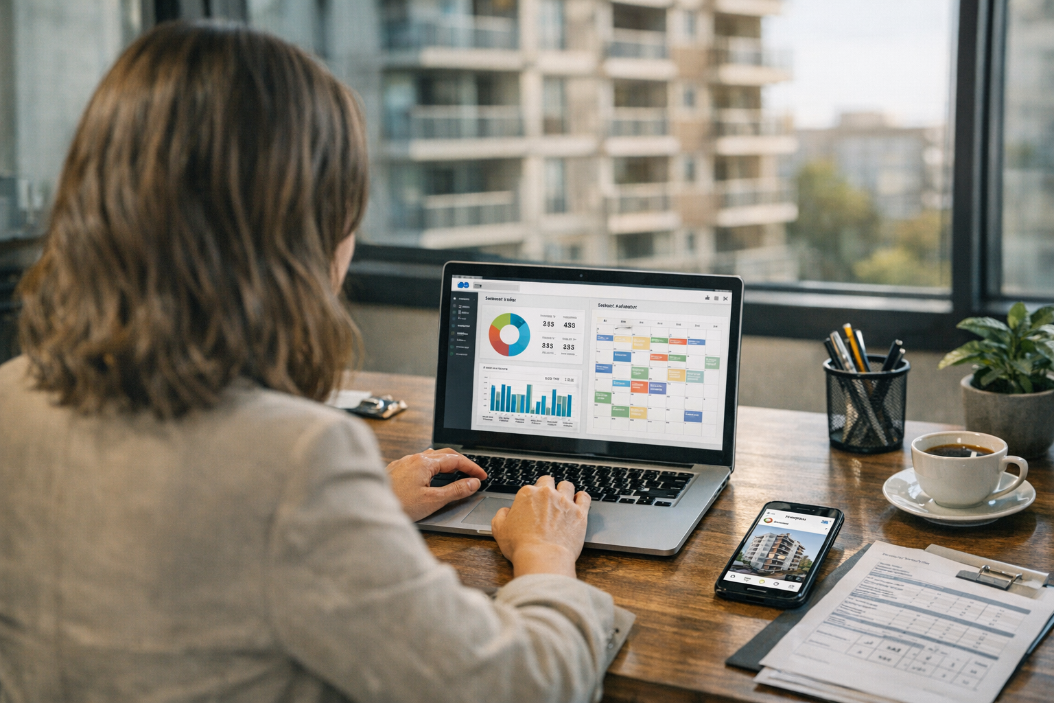 Administrador de condominios planificando estrategia de marketing digital y métricas en redes sociales