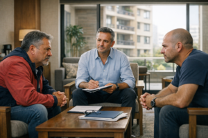 Reunión de mediación entre vecinos en un condominio con apoyo del administrador
