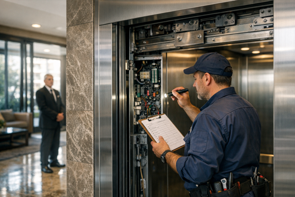 Técnico realizando mantención preventiva de ascensor con checklist en edificio residencial