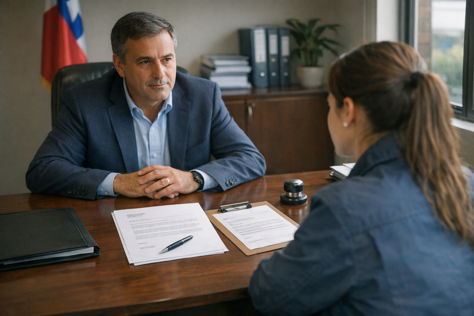 Administrador de condominio y trabajadora revisan finiquito y carta de despido en oficina, con documentos laborales sobre la mesa