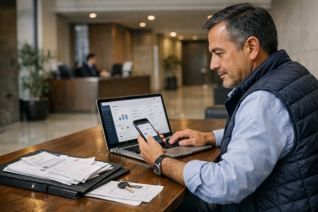 Administrador de condominio usando plataforma digital para comunicación y finanzas comunitarias